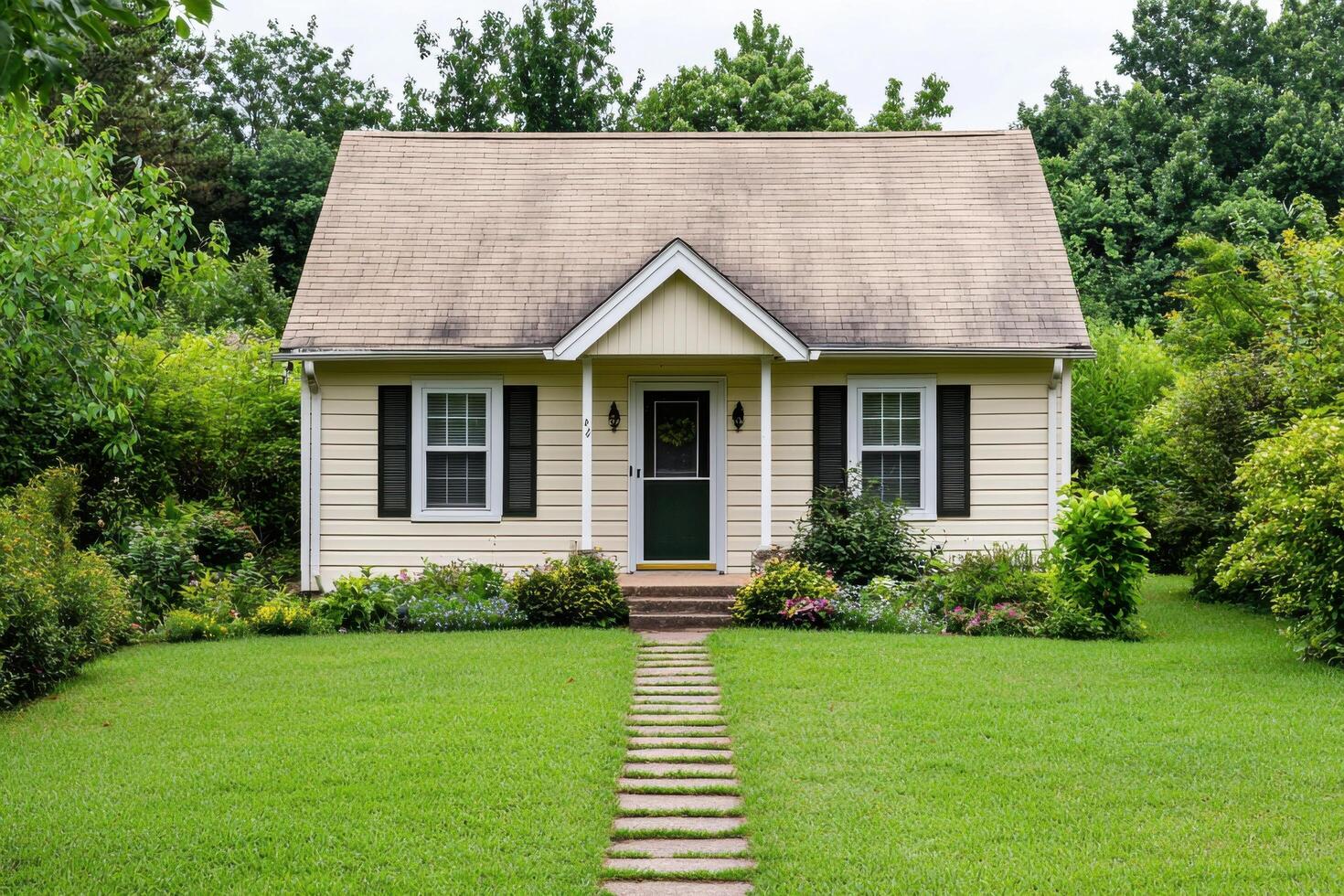 Charming Yellow House with Lush Green Lawn and Stone Pathway Dream Suburban Home Exterior photo