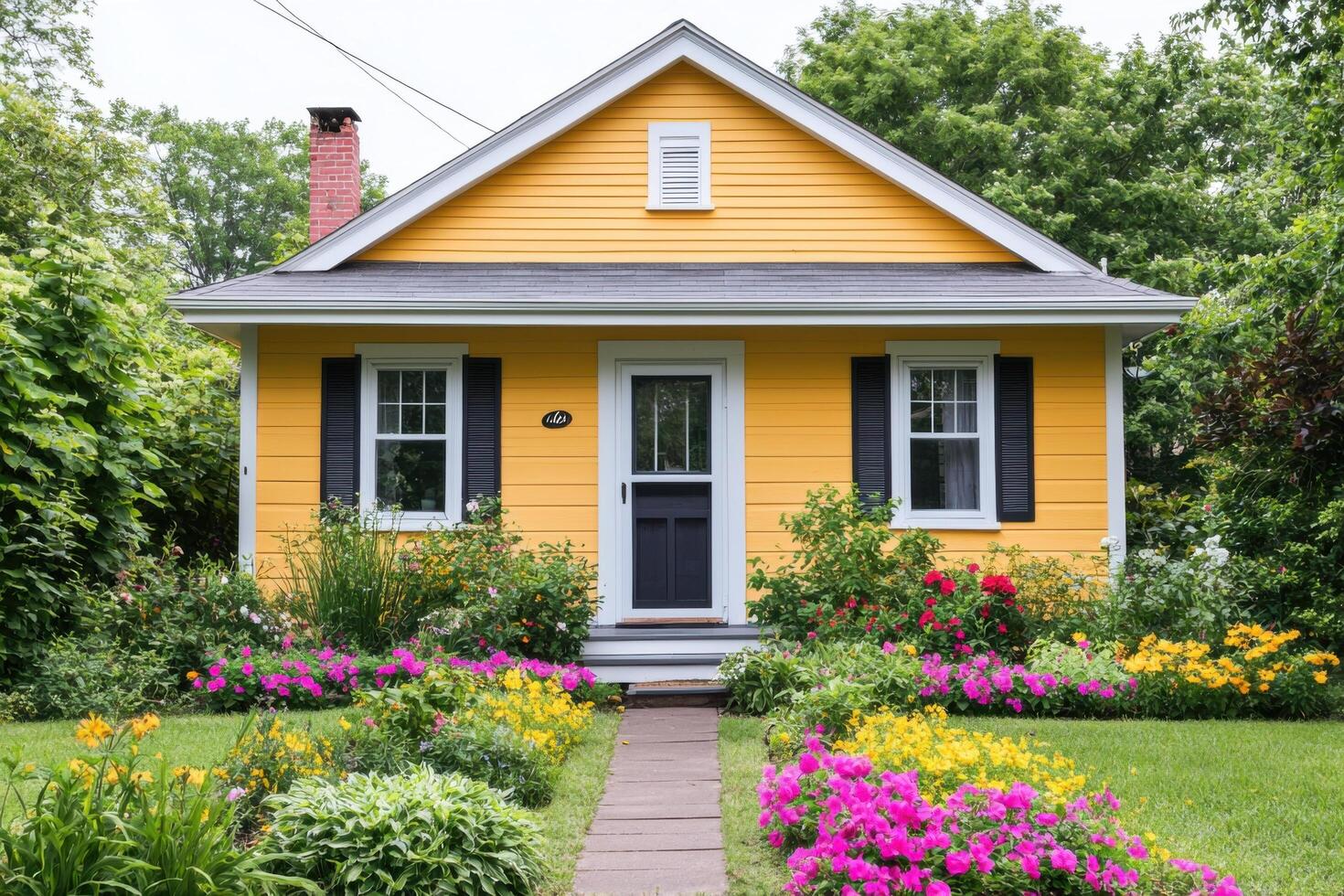 Charming Yellow House with Vibrant Flower Garden A Dream Home in a Peaceful Suburb. This picturesque property boasts a beautifully photo
