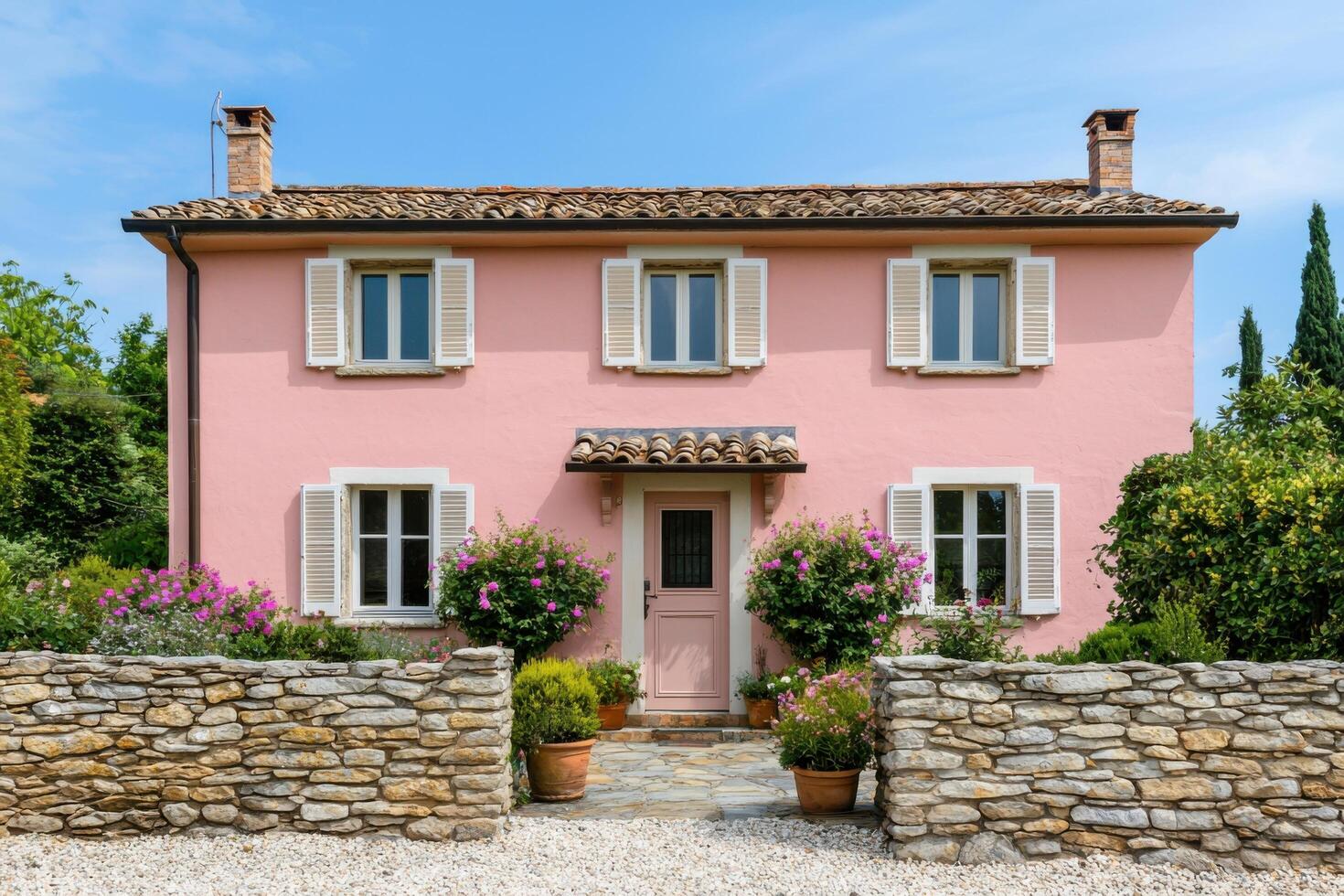 Charming Pink House with Stone Wall and Lush Garden Discover the idyllic beauty of this Italian countryside villa, perfect for a r photo
