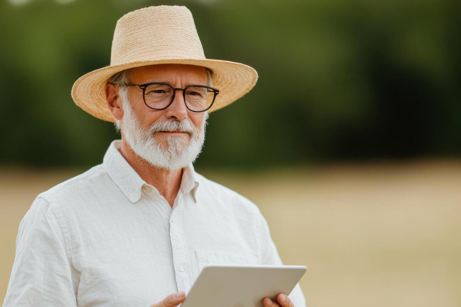 Portrait of a Senior Man in Straw Hat Using Tablet in a Rural Setting. A serene image of an elderly farmer using technology in th photo