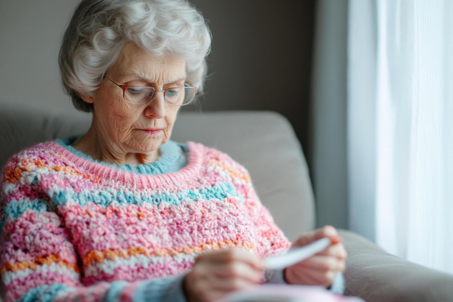 A Pensive Elderly Woman in a Pink Knit Sweater, Sitting by a Window, Lost in Thought. A Portrait of Aging Gracefully, the Serenity photo