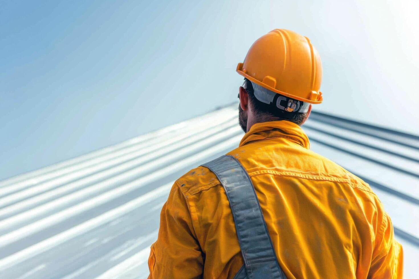 Construction Worker on a Metal Roof Industrial Building Site, Safety, and Hard Work. A Professional in Action, Ensuring Quality an photo
