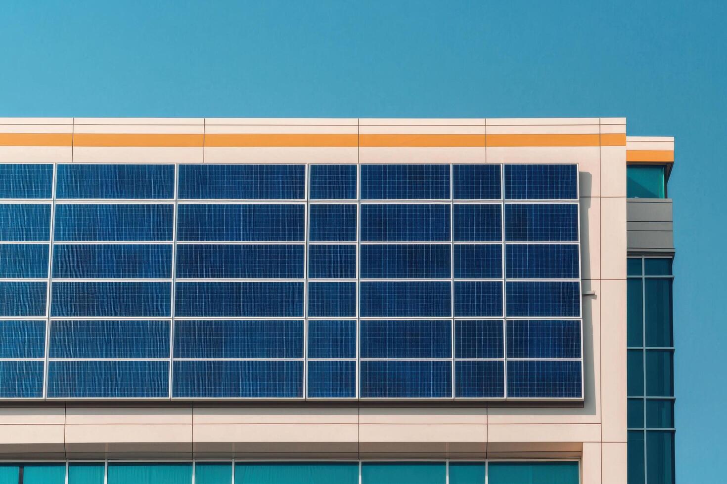 Modern Building with Solar Panels Sustainable Architecture and Clean Energy Solutions for a Greener Future. Eco friendly Design, R photo