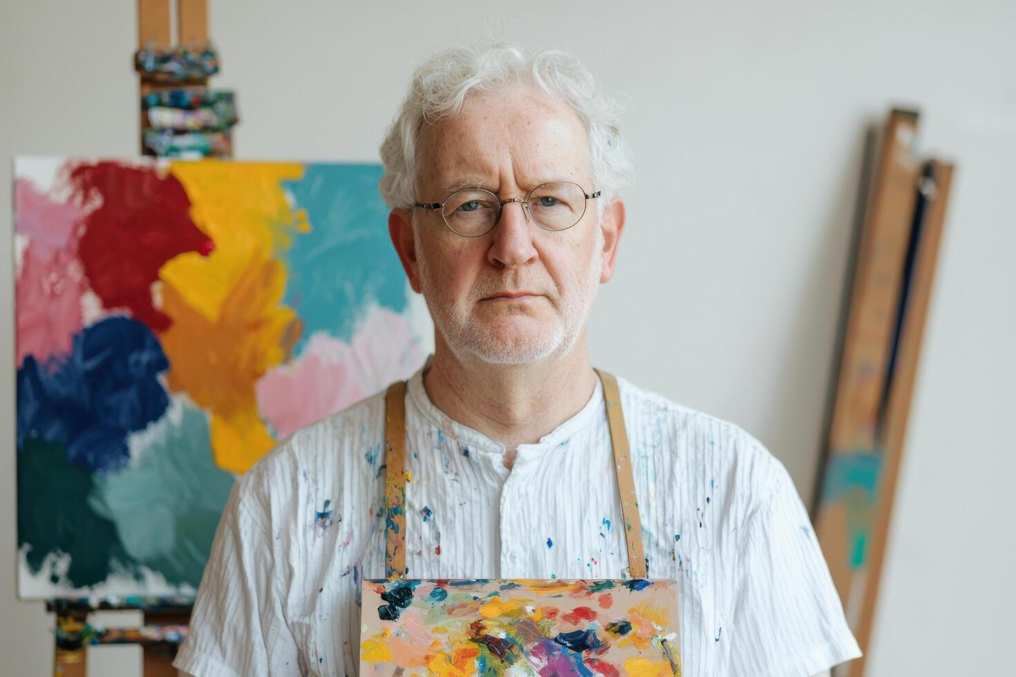 A Portrait of a Mature Male Artist in His Studio, Focused and Immersed in His Creative Process, Surrounded by Colorful Abstract Pa photo