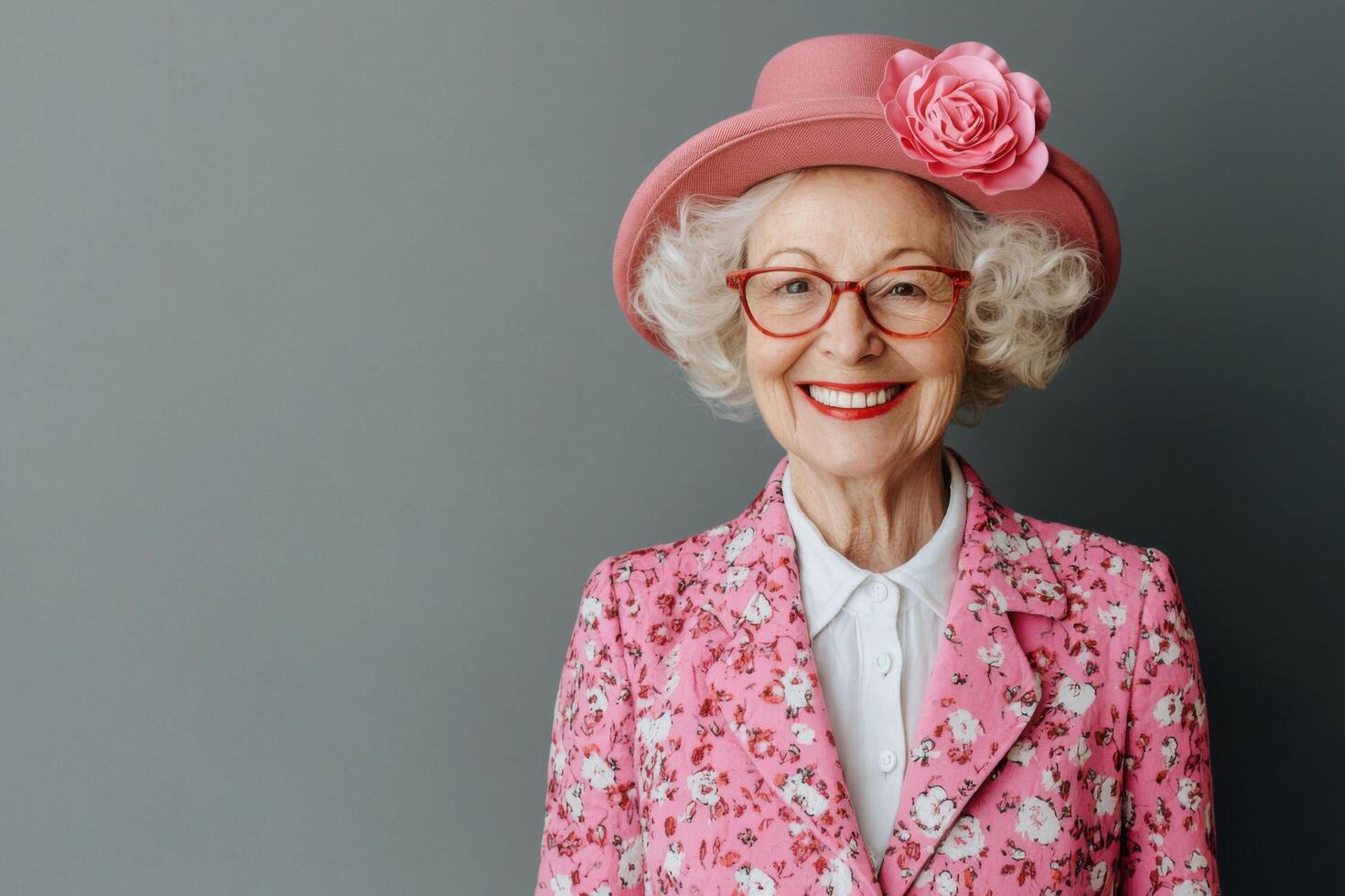Portrait of a smiling senior woman wearing a pink hat and floral jacket. She exudes elegance and confidence, showcasing mature be photo