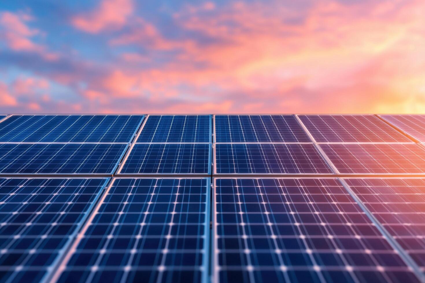 Harnessing the Sun A Stunning View of Solar Panels at Sunset. Clean energy, renewable power, and sustainable technology for a bri photo