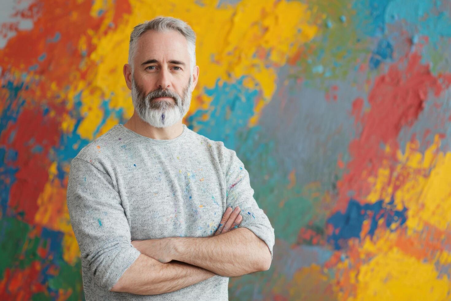 Portrait of a Mature Male Artist A Confident and Creative Expression in Front of an Abstract Colorful Background photo