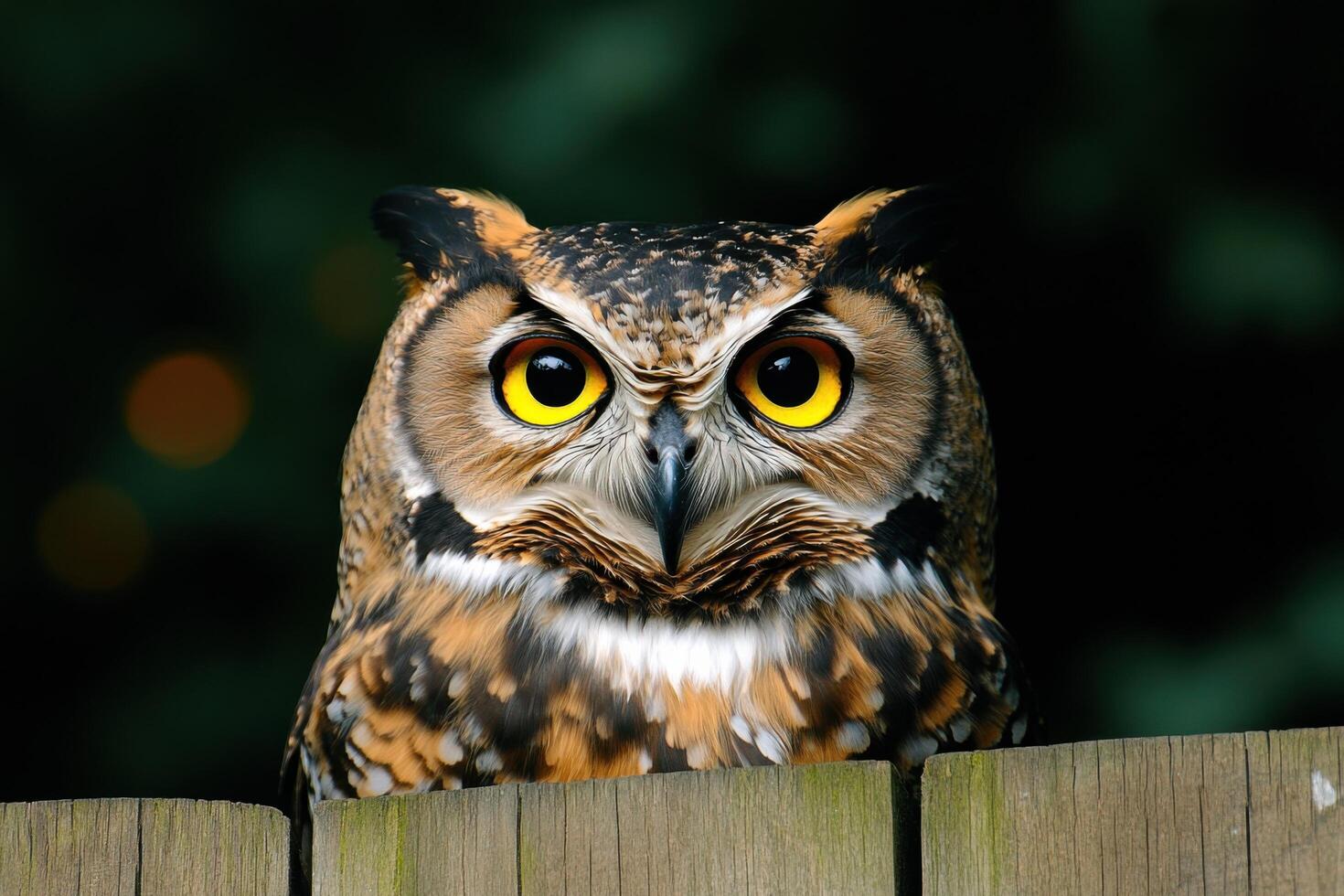 Majestic Owl Perched on Wooden Fence A Portrait of a Wild Bird of Prey in its Natural Habitat. The owl's intense gaze and vibran photo