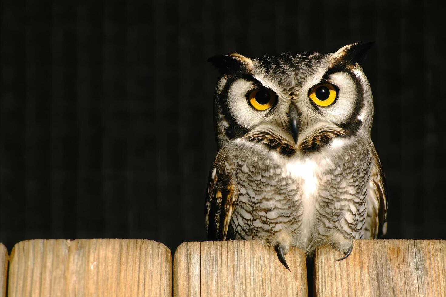 Majestic Owl Perched on Wooden Fence A Stunning Wildlife Image. Discover the captivating gaze and intricate details of this noctur photo