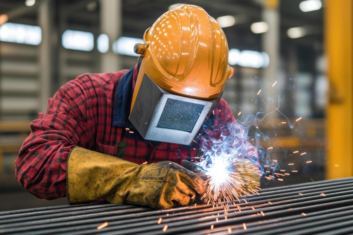 A welder works diligently, sparks flying as they expertly fuse metal. The image captures the intensity and precision of industrial photo