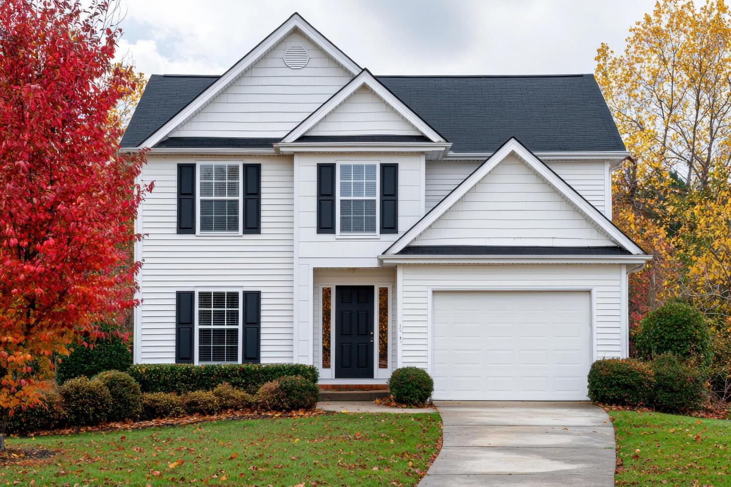 Dream Suburban Home Two Story House with Autumn Foliage. Stunning Exterior, Perfect Family Home, Real Estate, Residential Property photo