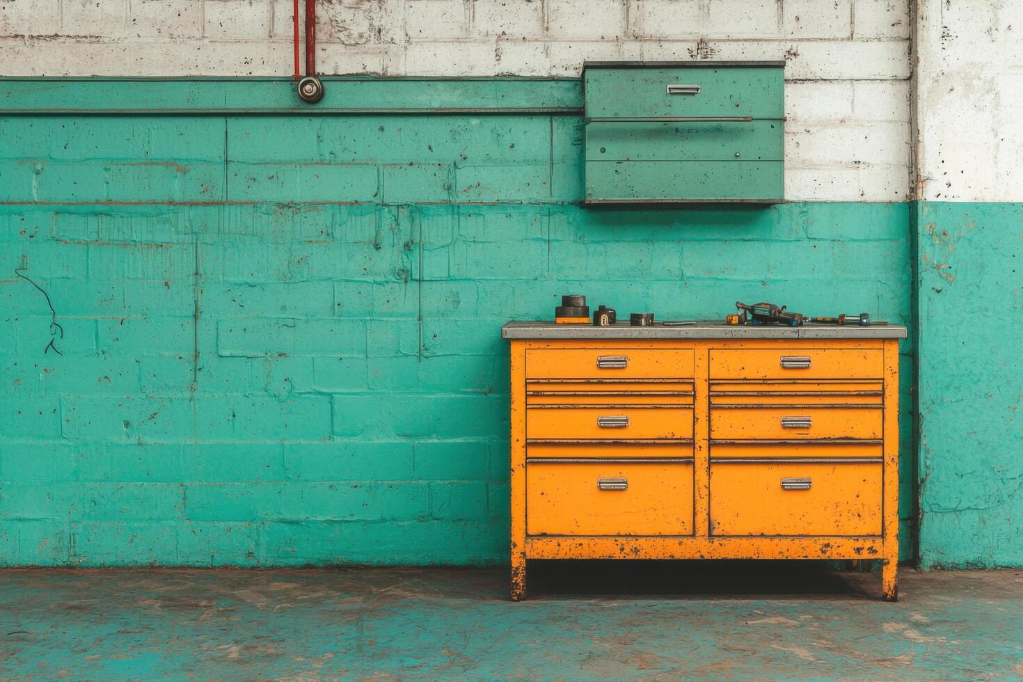 Rustic Charm A Vintage Orange Metal Cabinet Against a Teal Brick Wall. The aged texture and industrial setting create a captivatin photo