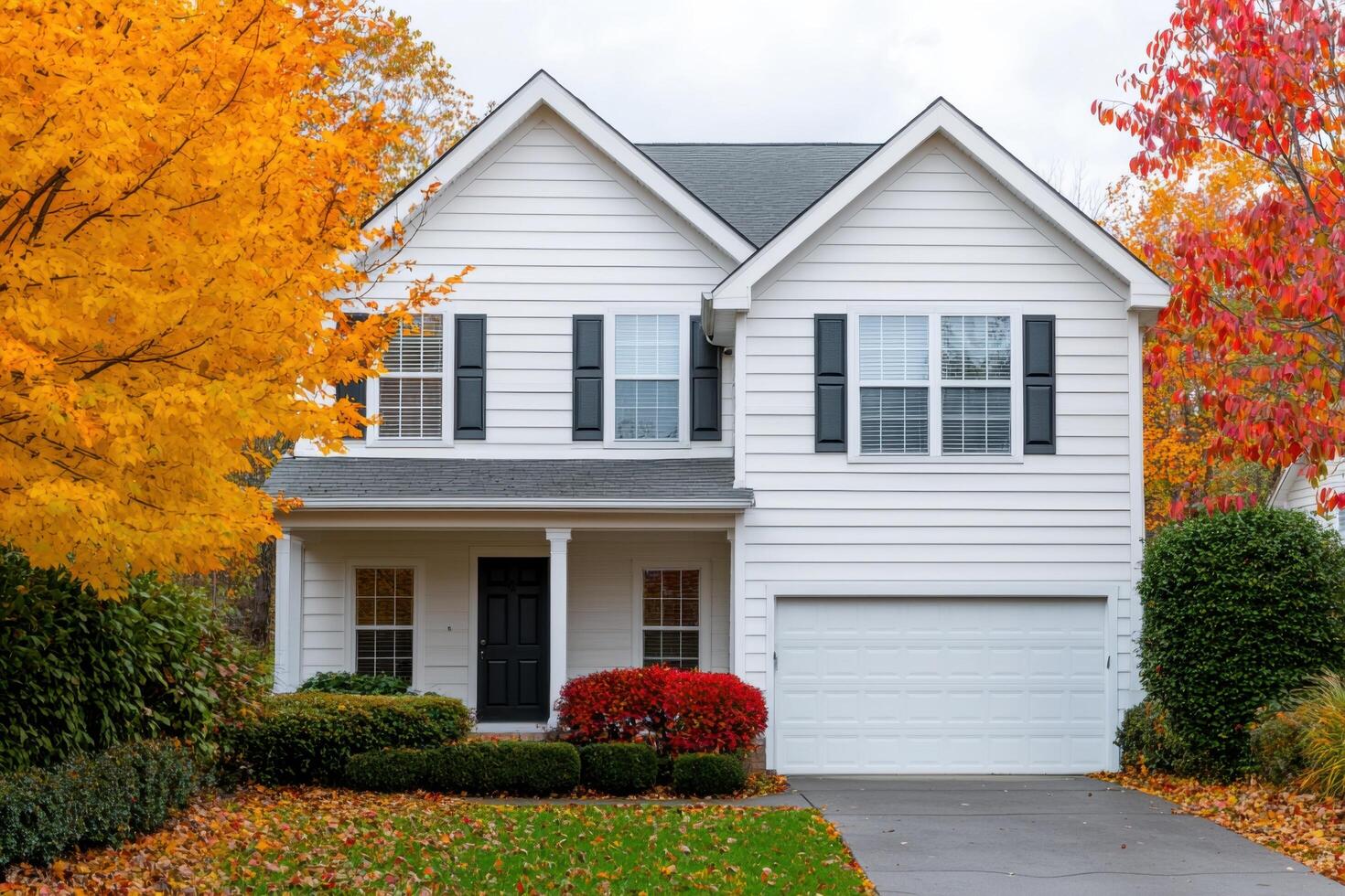 Dream Suburban Home in Vibrant Autumn Colors. White House with Garage, surrounded by colorful fall foliage. Perfect family home in photo