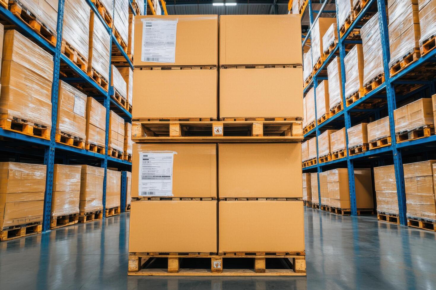 Warehouse Inventory Rows of Cardboard Boxes on Pallets, Efficient Storage and Logistics in a Modern Distribution Center photo