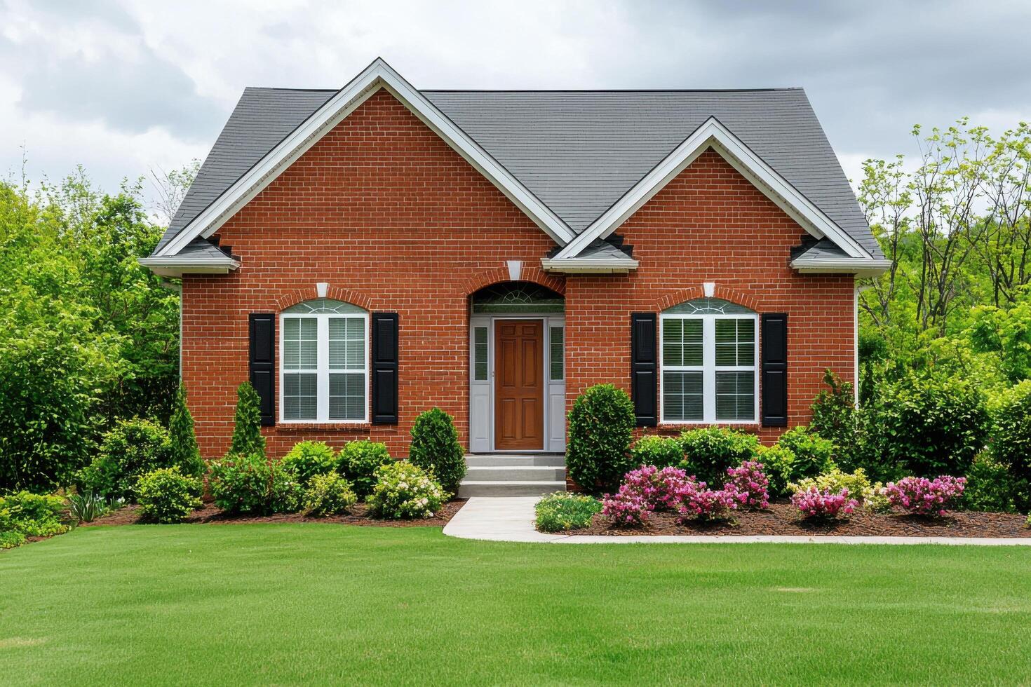 Brick House Exterior Dream Home in the Suburbs. Beautiful landscaping and architectural design. Perfect for real estate listings a photo