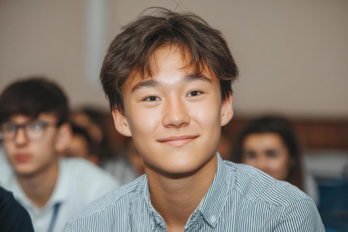 Portrait of a Smiling Teenager A Image of a Young Man's Face, Showing His Pleasant Expression and Calm Demeanor. The Photograph C photo