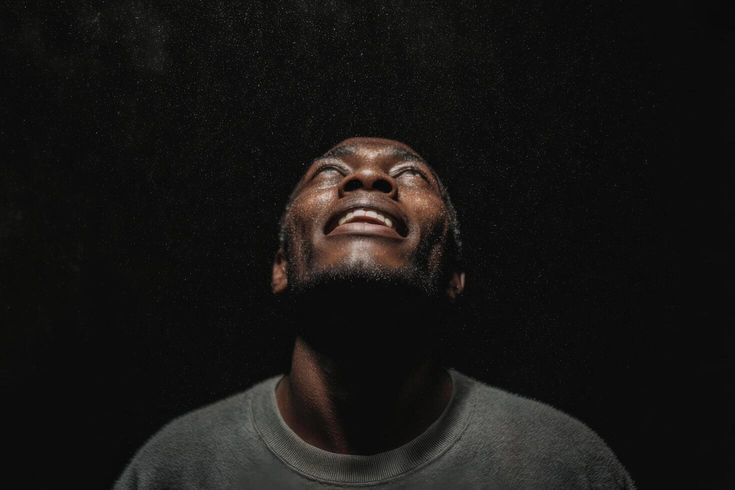 A Moment of Hope A Captivating Portrait of a Man Gazing Upward, Filled with Dreams and Aspiration. His Face Radiates Serenity, Ref photo