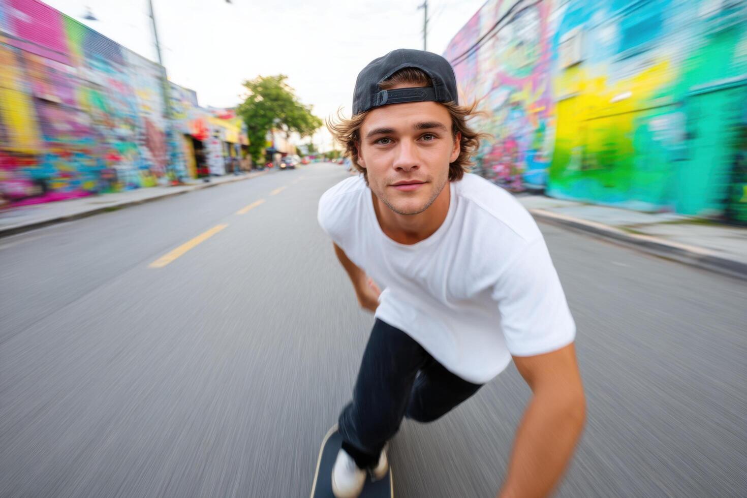 Young Man Skateboarding at High Speed in Urban Setting, Dynamic Motion Blur, Street Photography, Summer Vibes, Extreme Sports, Adr photo