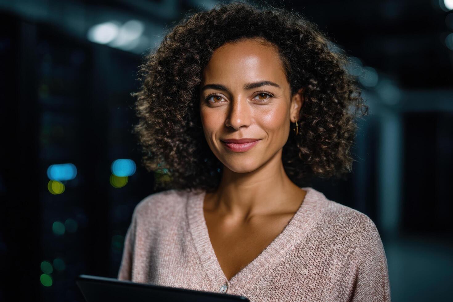 Portrait of a smiling woman, possibly a data engineer or IT professional, in a server room. The image conveys themes of technology photo