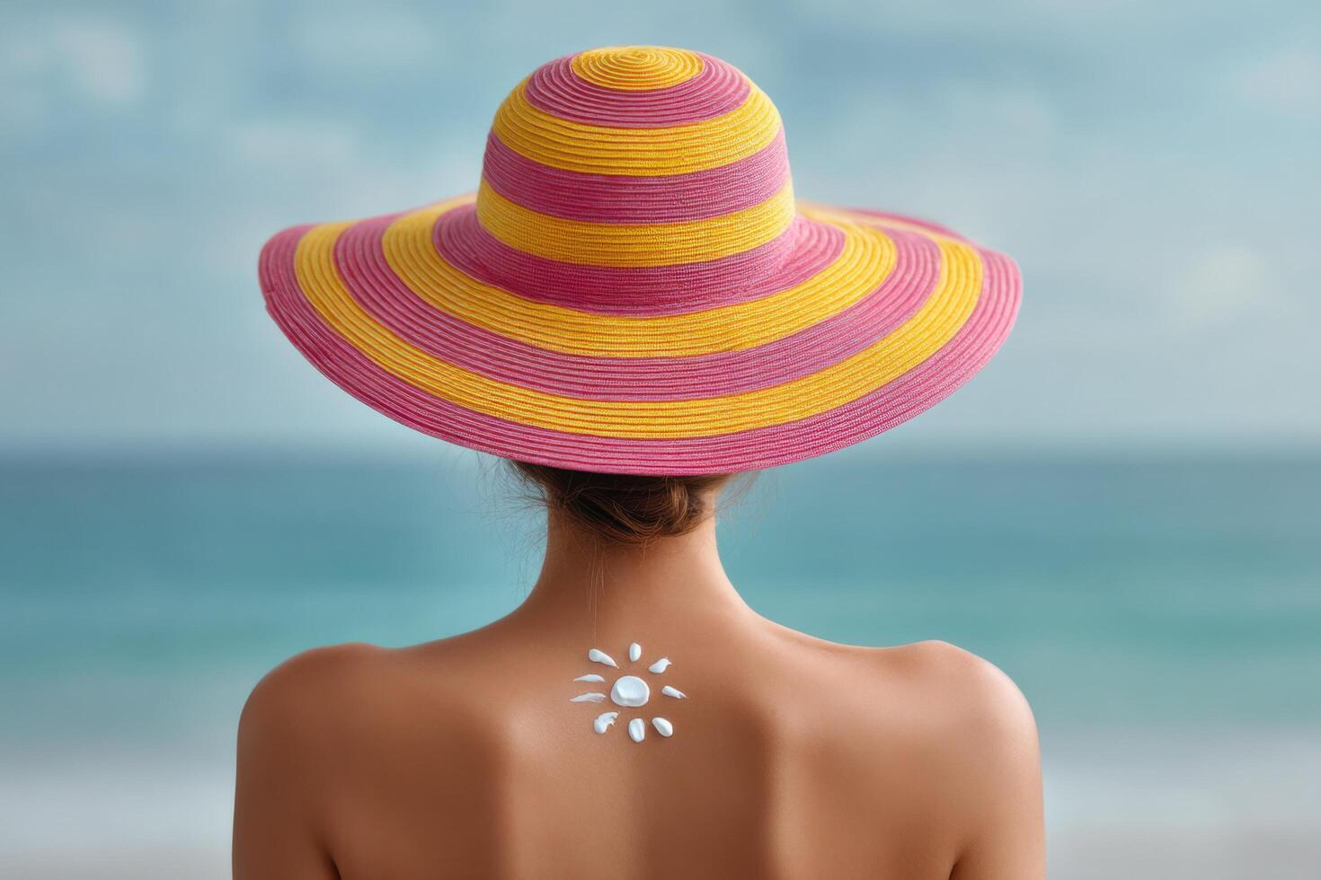 Summer Beach Vacation Woman in a Sun Hat Applying Sunscreen. Relaxing Ocean View, Sun Protection, and Healthy Skin Care for a Per photo