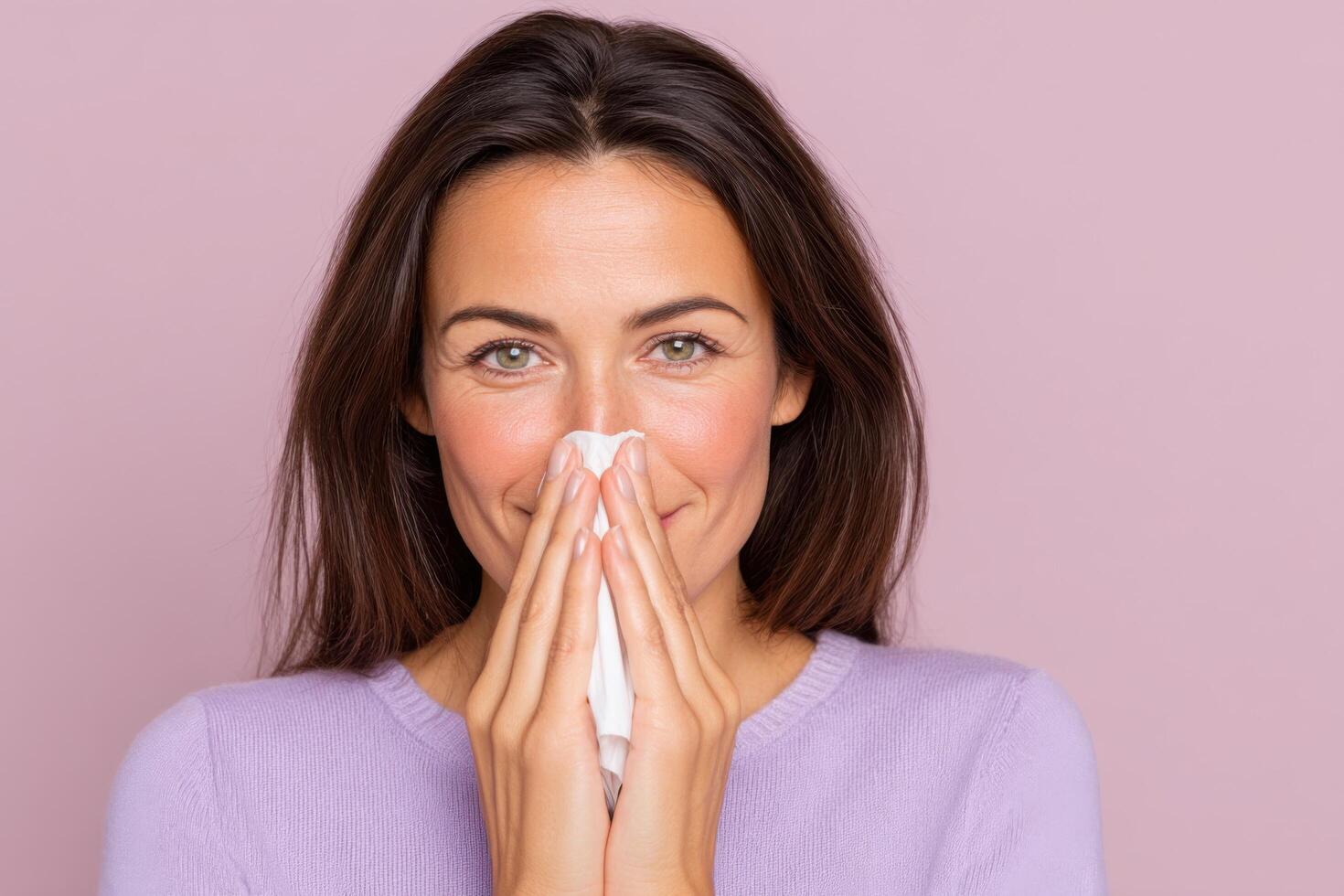 Woman with tissue covering her nose, showing symptoms of cold or allergy. Healthcare, health, illness, sneezing, coughing, flu, hy photo