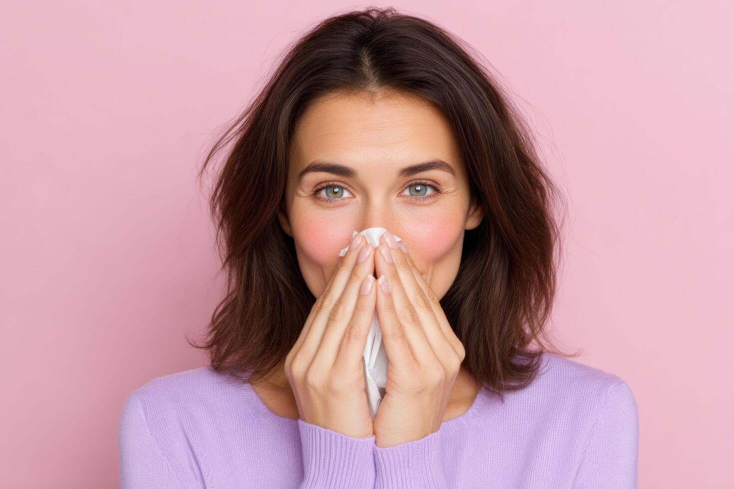 portrait of a woman holding a tissue to her nose against a pink background. The image evokes feelings of illness, allergies, or a photo