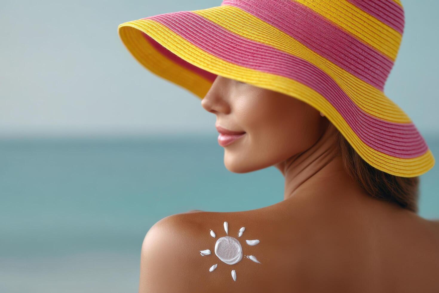 Sun Kissed Skin A Summer Beach Vacation. Woman in a sun hat applying sunblock, enjoying the summer and ocean breeze. A picture of photo