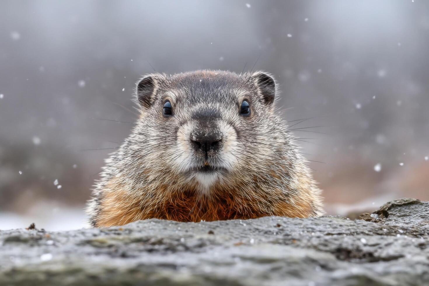 Groundhog in Winter Wonderland A Portrait of a Woodchuck in the Snow. This captivating image showcases the animal's unique featur photo