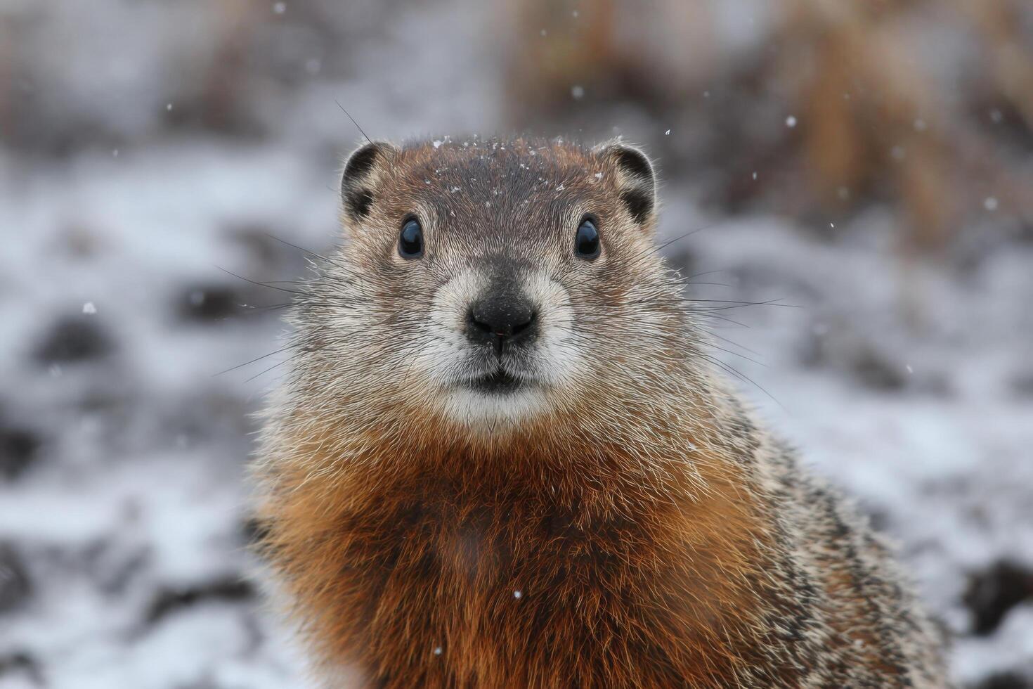 Portrait of a Woodchuck in Winter Wonderland A Captivating Look at this Adorable Rodent in its Natural Habitat, Covered in Soft Sn photo