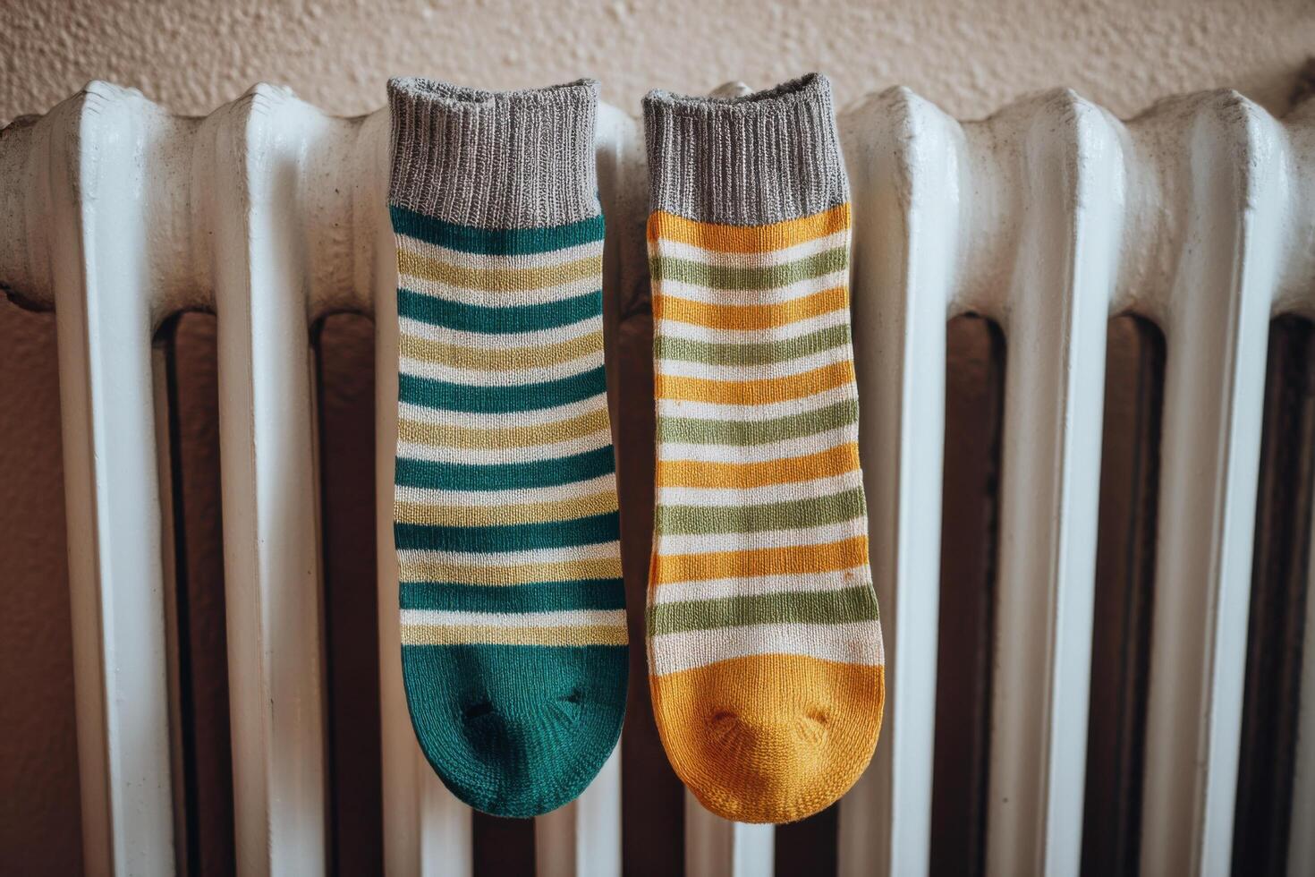 Cozy and Warm Striped Socks Drying on a Radiator. Perfect for cold winter days, these soft and comfortable socks add a touch of ha photo