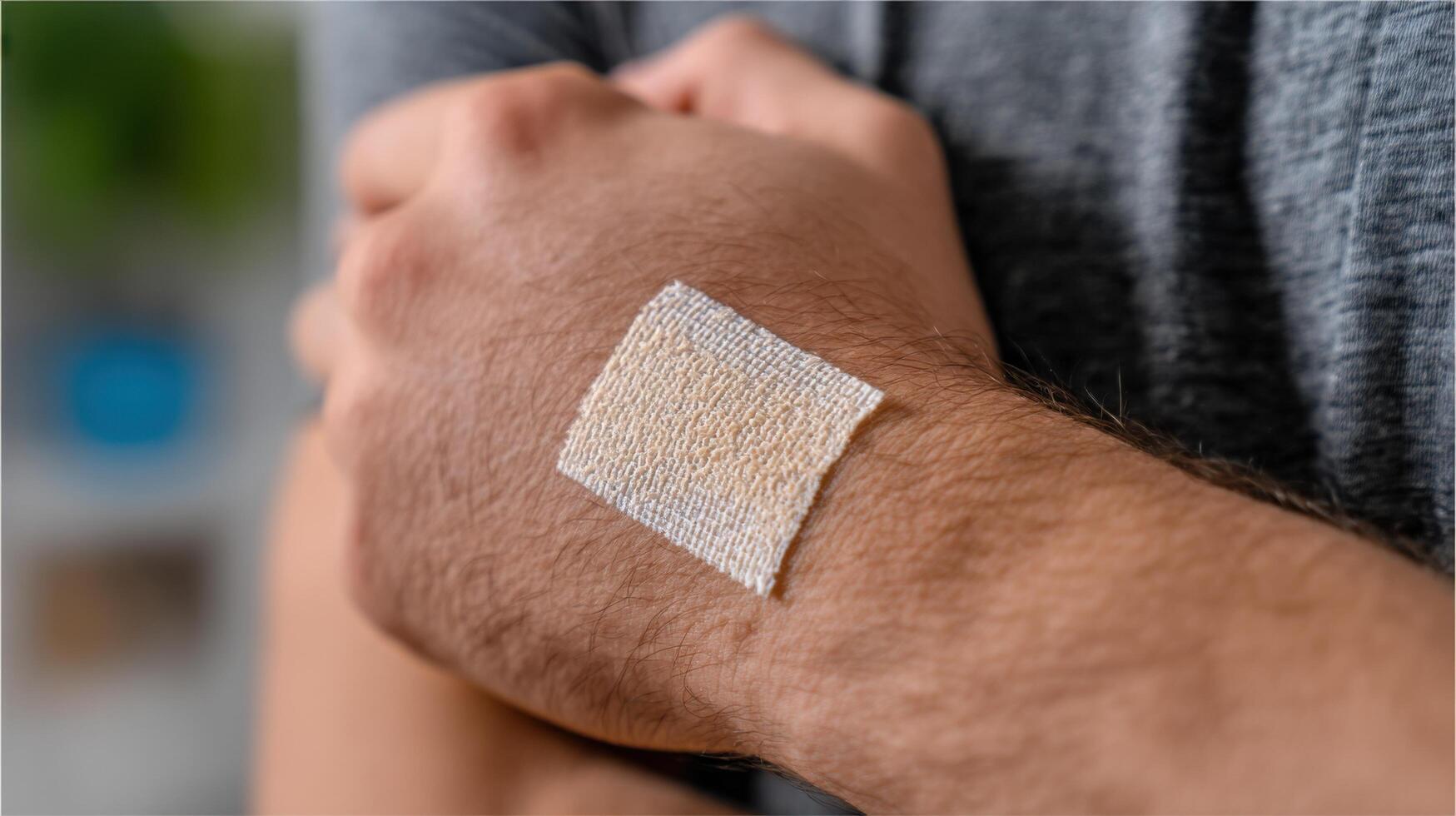 view of a beige bandage on a man's wrist, suggesting a minor injury or wound. The image focuses on the texture of the bandage and photo