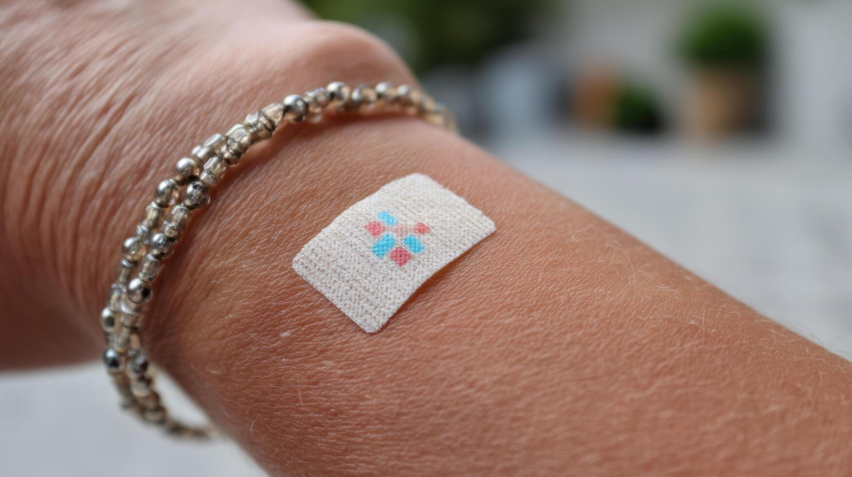 view of a woman's wrist adorned with a silver beaded bracelet and a small, colorful medical patch. The image showcases the intrica photo