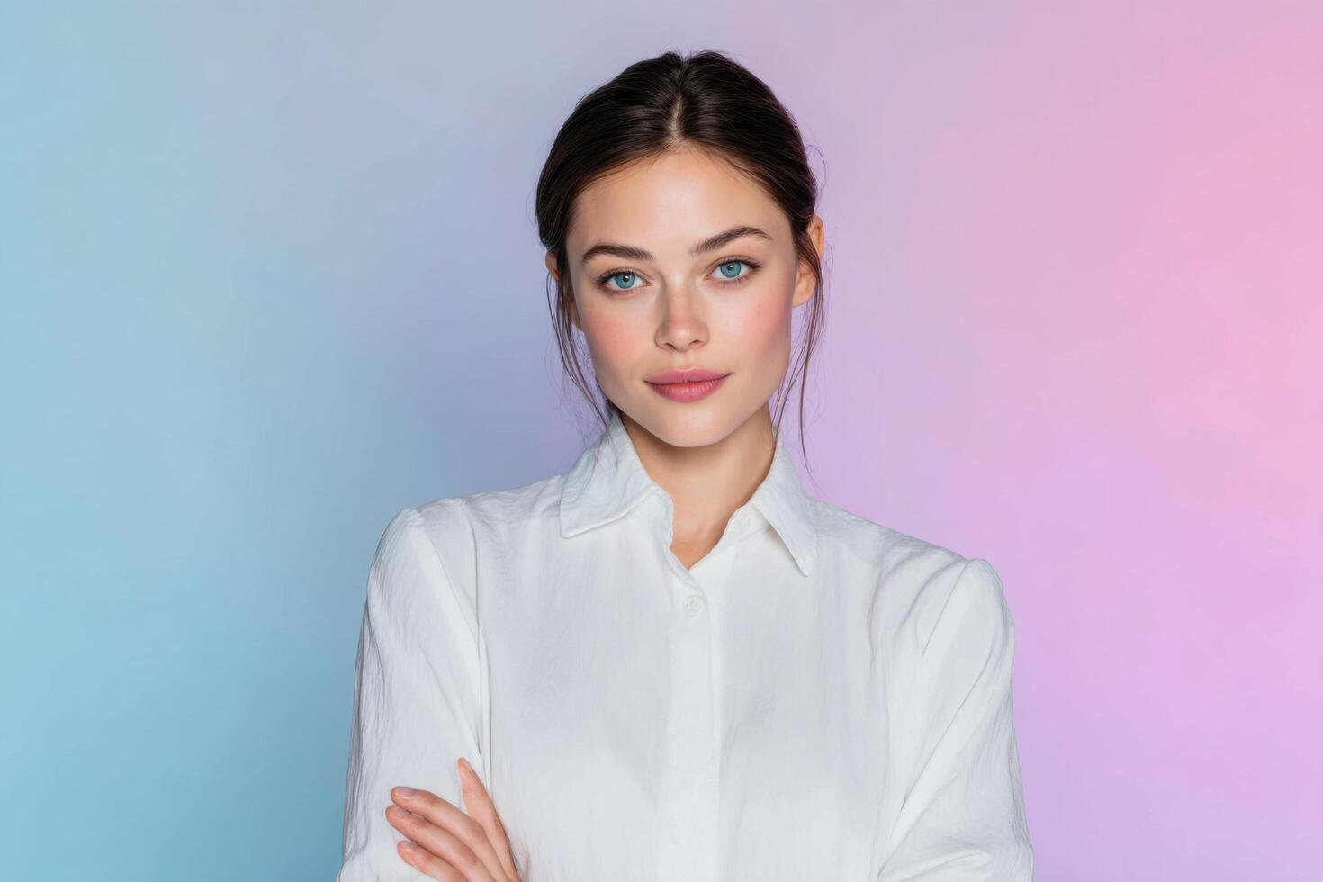 Stunning Portrait of a Woman in a White Shirt. This captivating image showcases beauty, elegance, and style. Perfect for fashion, photo