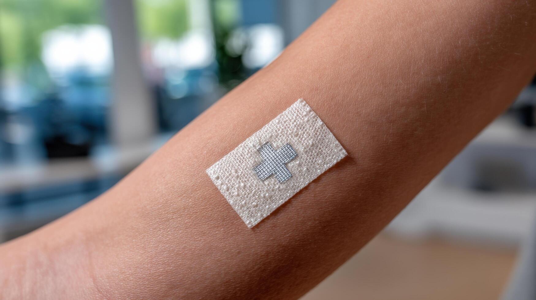 view of a medical bandage on a person's arm. The bandage has a cross symbol, suggesting healthcare or medical treatment. The imag photo