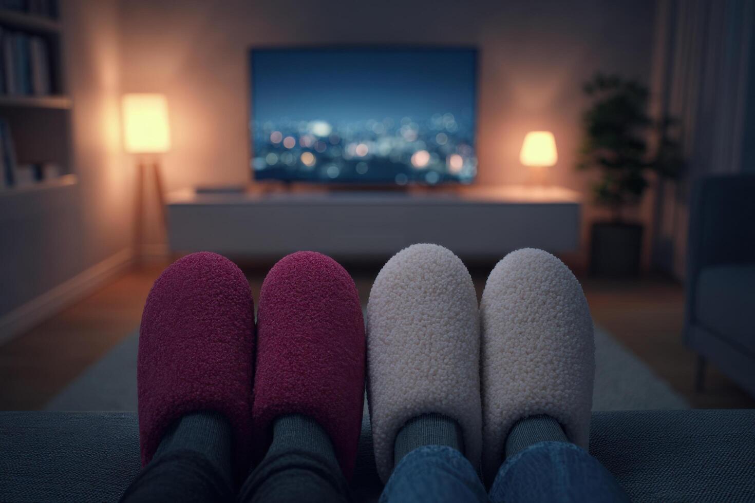 Cozy Couple Enjoying a Relaxing Movie Night at Home. Picture of feet in warm slippers on a comfy sofa, watching TV in a dimly lit photo