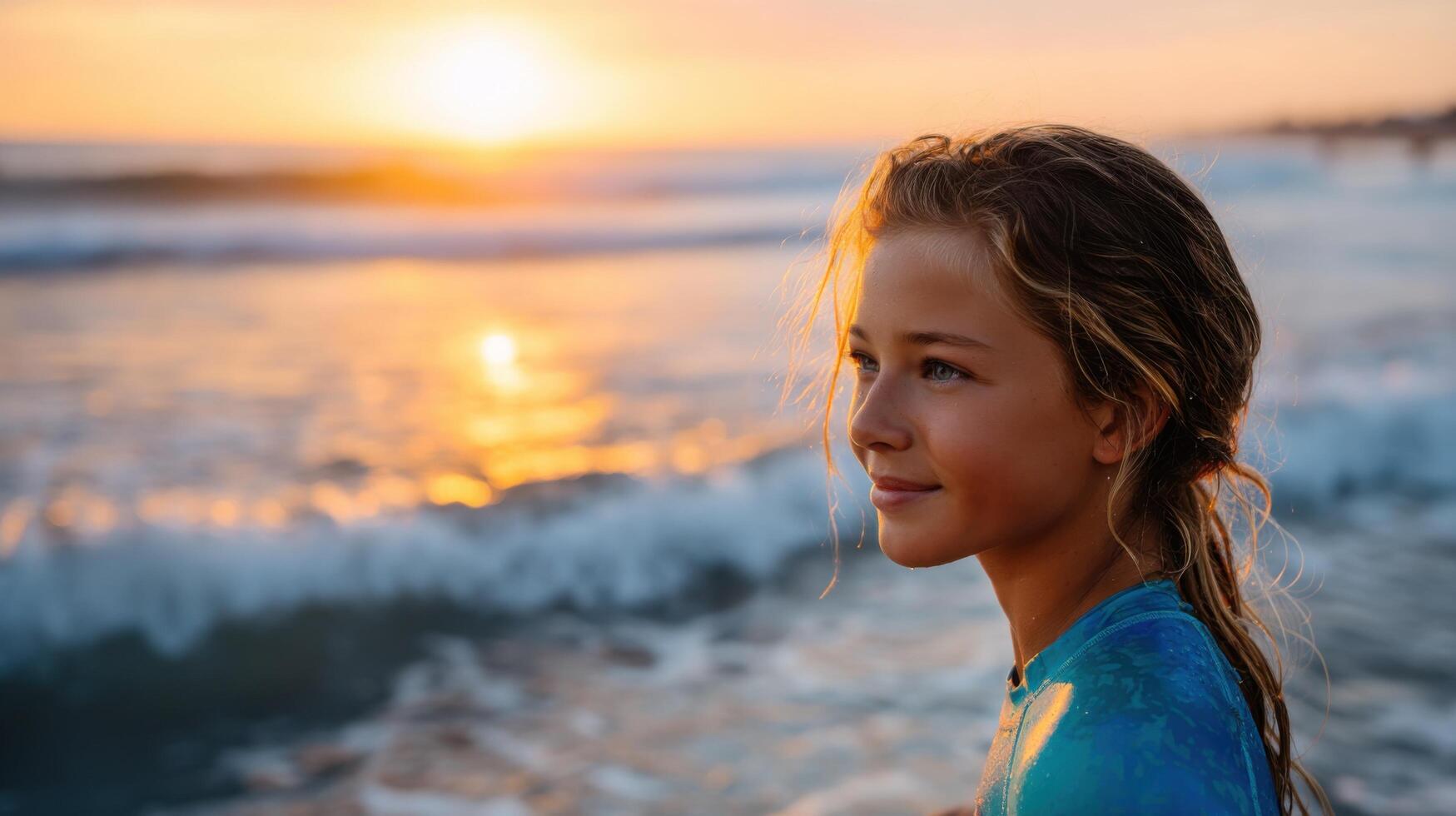 A young girl smiles serenely at sunset on a beautiful beach, waves gently lapping at the shore. The golden light of the setting su photo