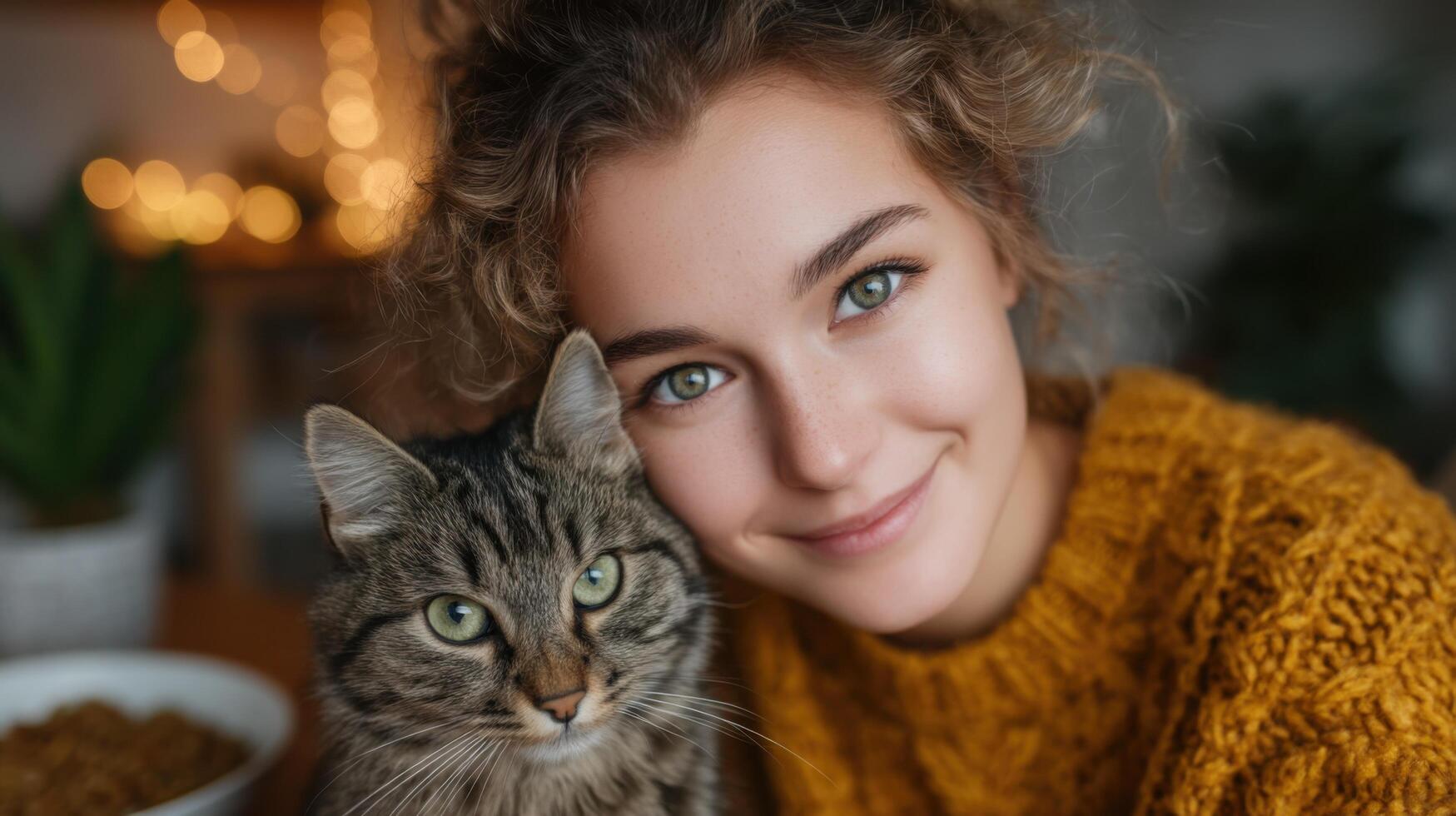 portrait of a smiling young woman and her adorable cat. A heartwarming image of friendship between human and pet, conveying a sens photo