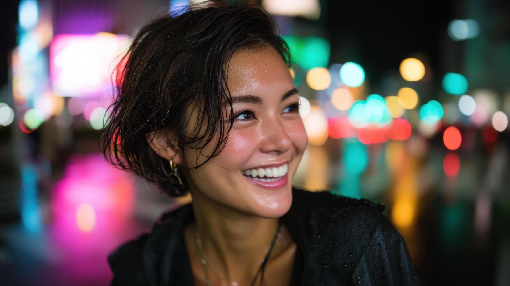 Radiant Smile in the City at Night A Captivating Portrait of a Young Woman. Her joyful expression is illuminated by the vibrant ci photo