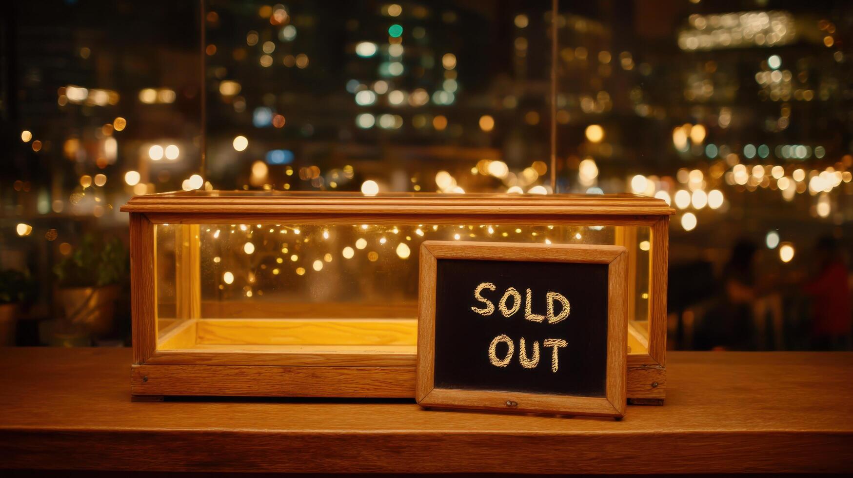 Sold Out Display Case at Night Market Empty Wooden Showcase with City Lights Background. Festive, Commercial, Retail, Business, an photo