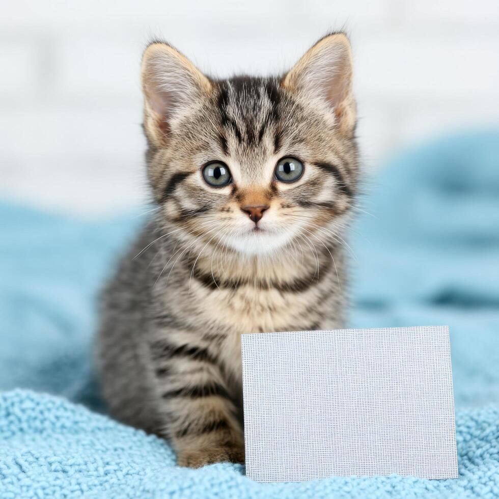 Adorable Kitten with Blank Sign Perfect for Pet Adoption, Veterinary Clinic, or Pet Product Marketing. A charming image of a cute photo