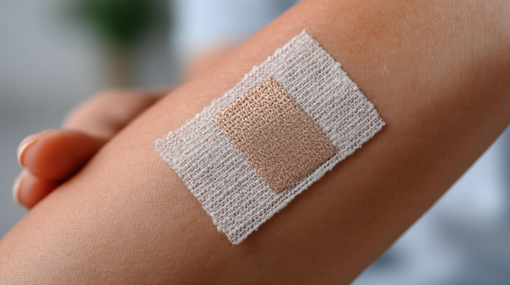 view of a beige bandage on a person's arm, providing a sense of medical care and healing. The image conveys a feeling of recovery photo
