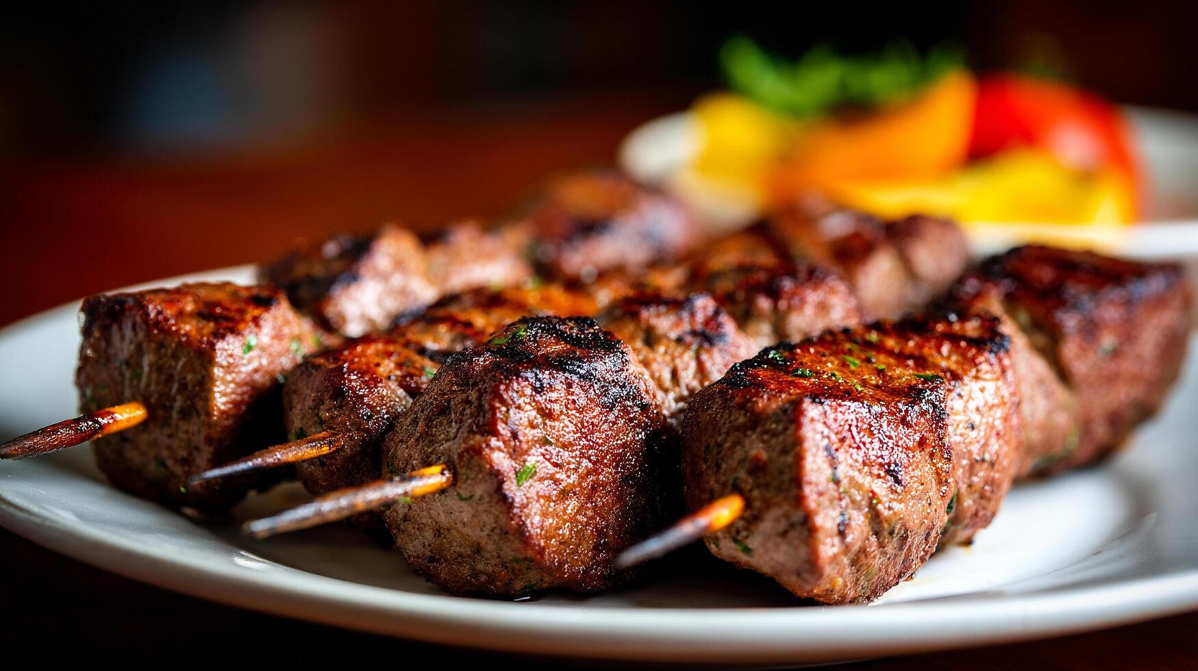 Juicy fresh kabab arranged on ceramic plate photo