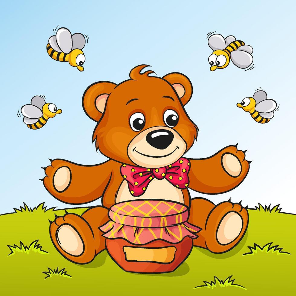Cute cartoon sitting bear with honey and bees vector