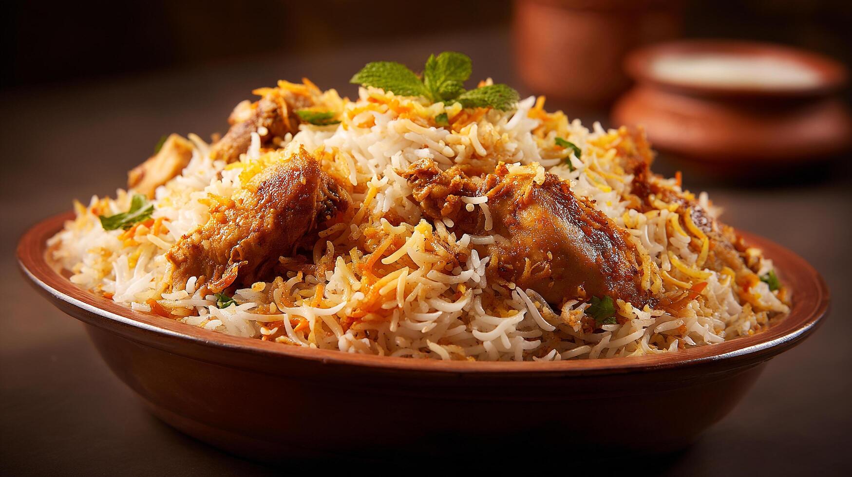 Chicken biryani plated with herbs in natural warm light wallpaper photo