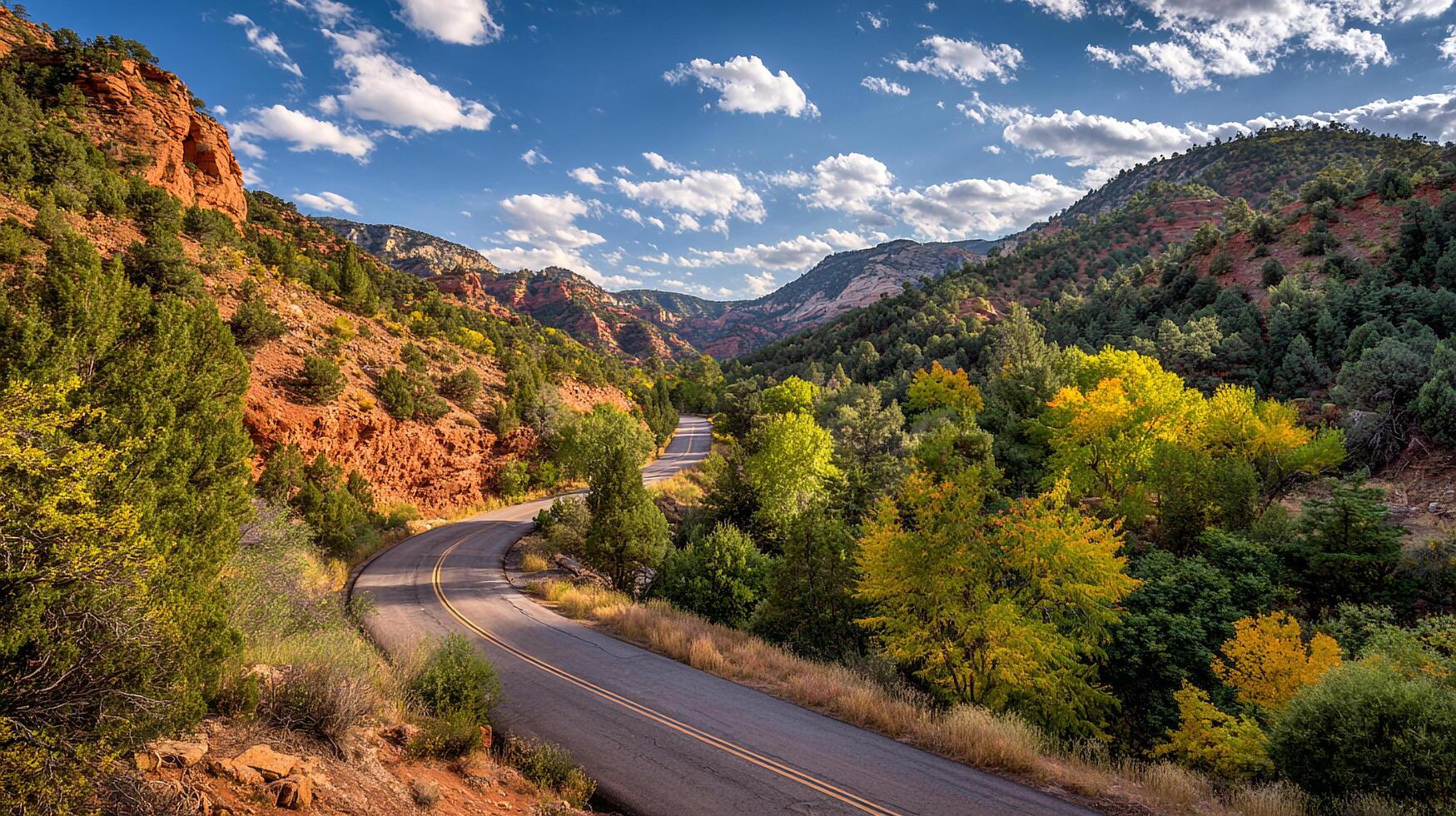 Winding road photo with trees and soft terrain