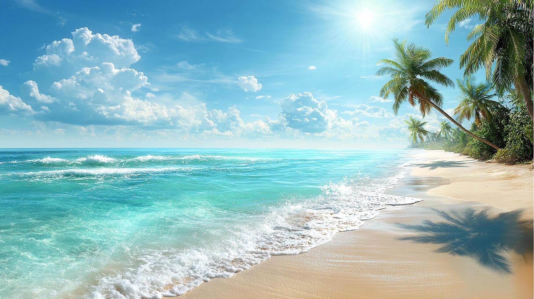 Brightly lit tropical beach with palms photo
