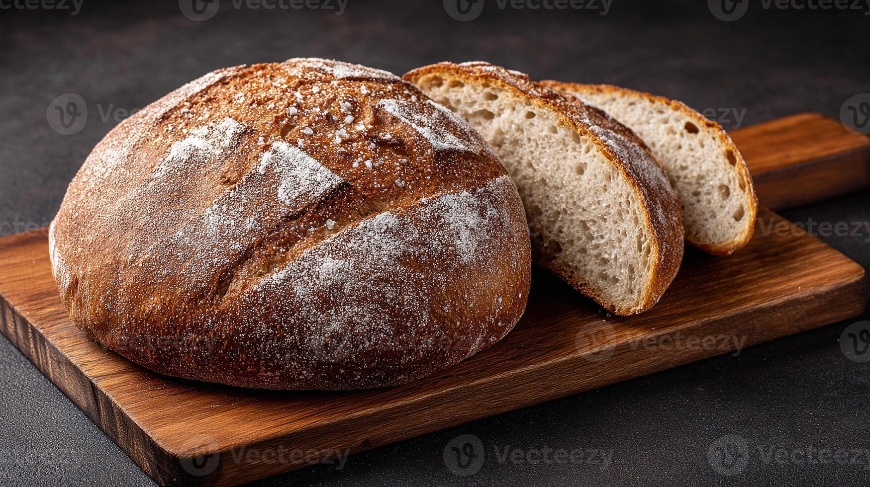 Rustic wood board holding bread loaf image photo