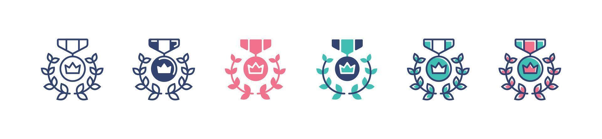 wreath awards with crown badge icon set success winner medal achievement laurel wreath signs illustration for web and app vector