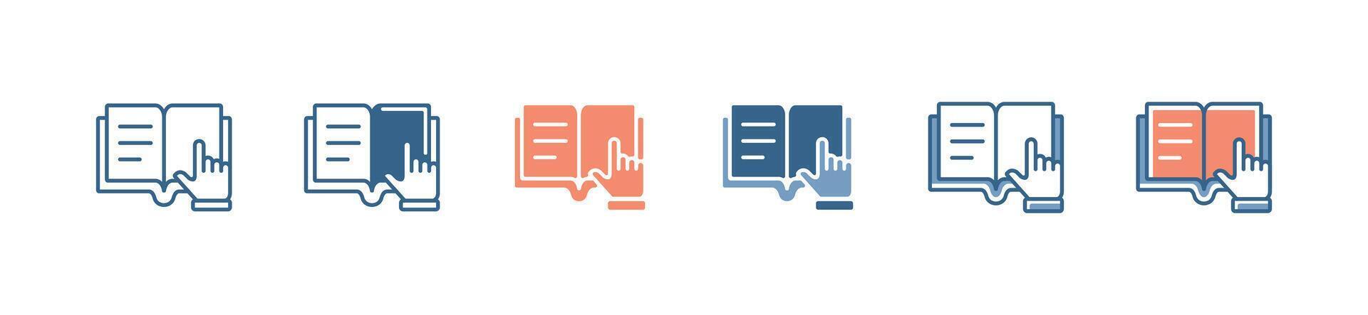 online learning hand pointing read book icon set student learning click book business dictionary education literature illustration information guide instruction signs for web and app vector