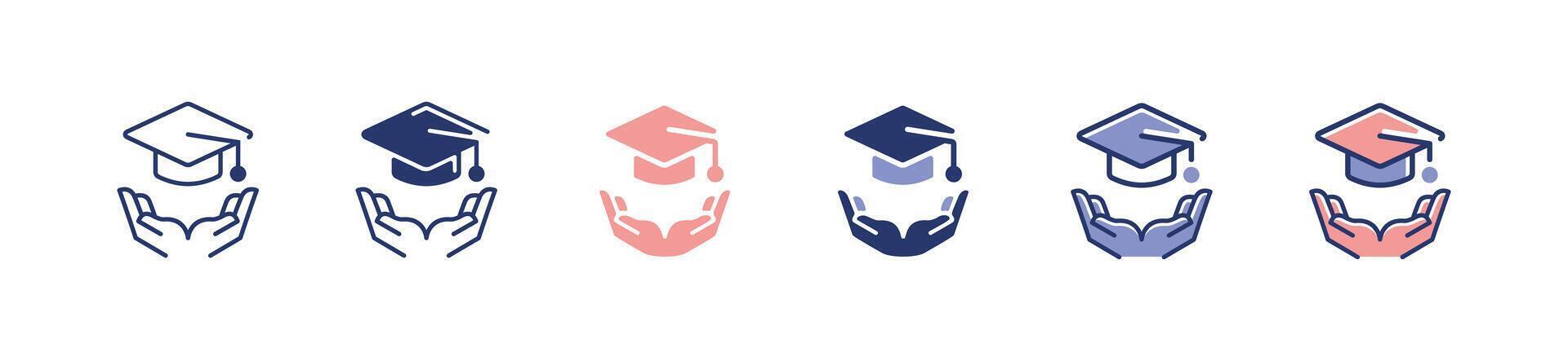 hand holding graduation cap icon set student education support university scholarship with graduate hat signs illustration for web and app vector